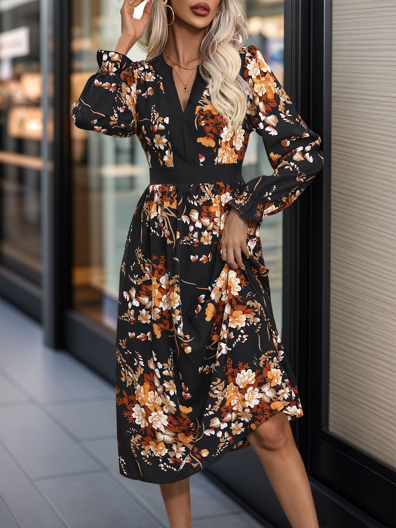Printed Notched Long Sleeve Midi Dress by Hundreth