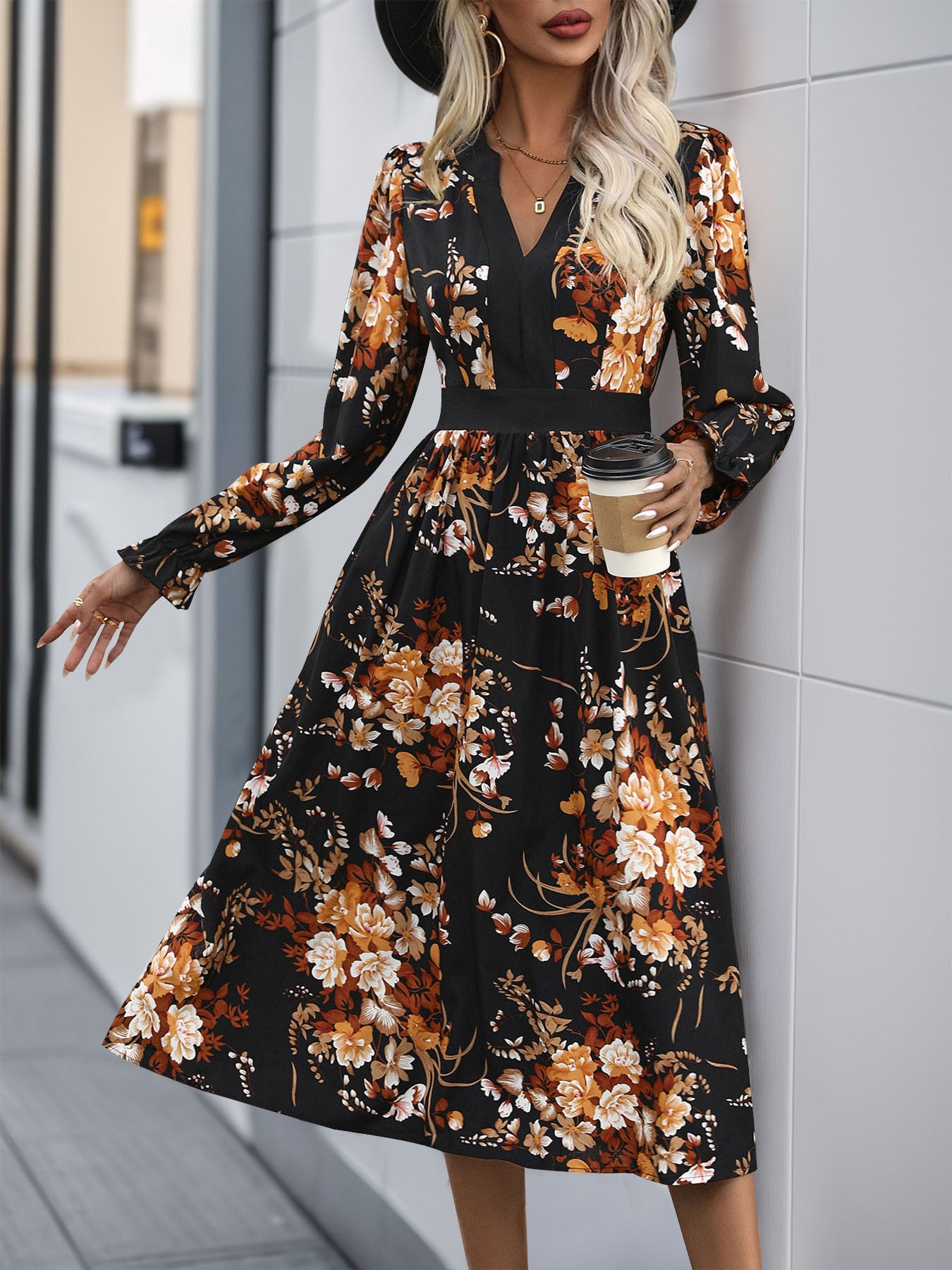 Printed Notched Long Sleeve Midi Dress by Hundreth