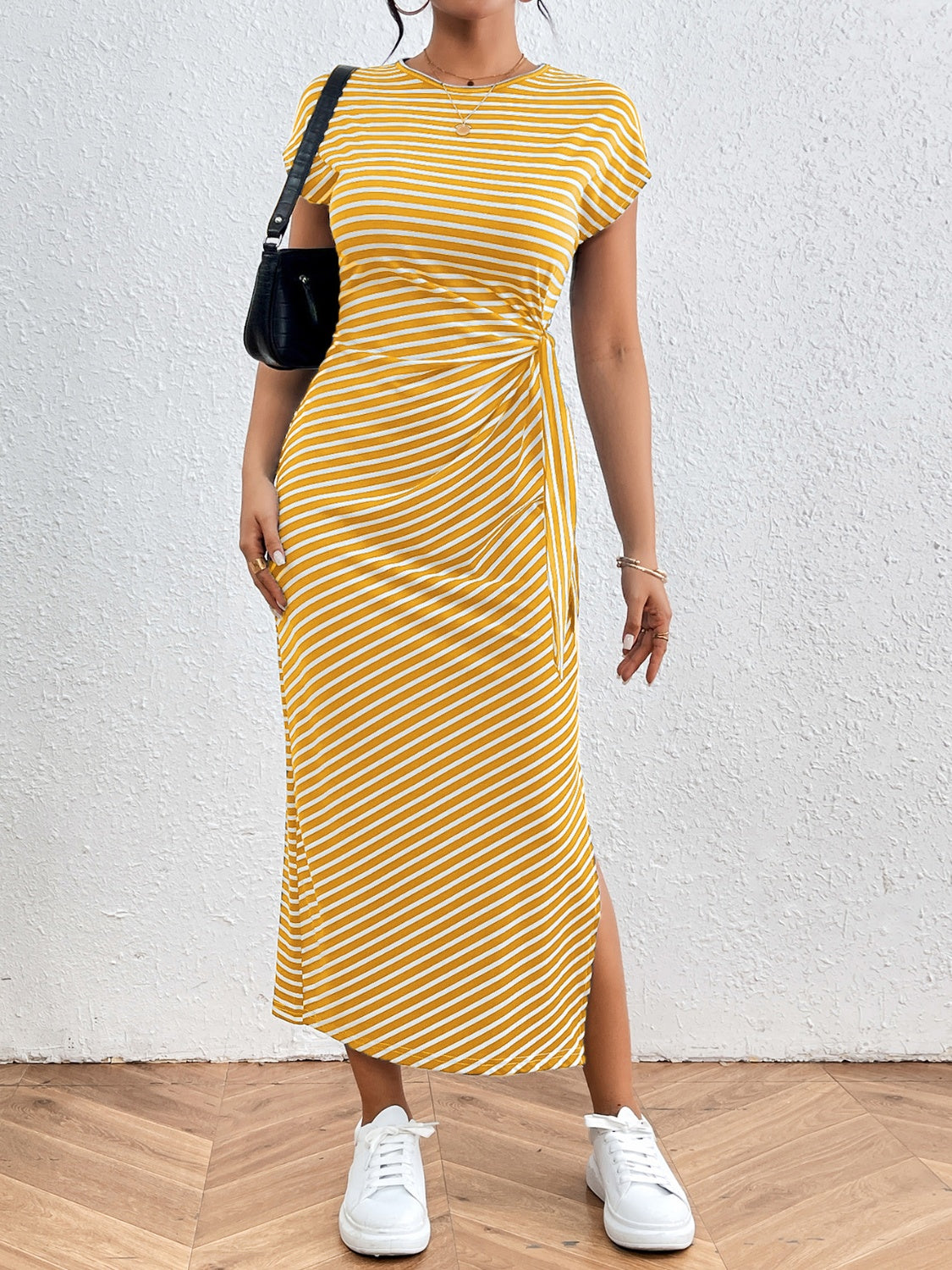 Tied Striped Round Neck Short Sleeve Tee Dress by Hanny