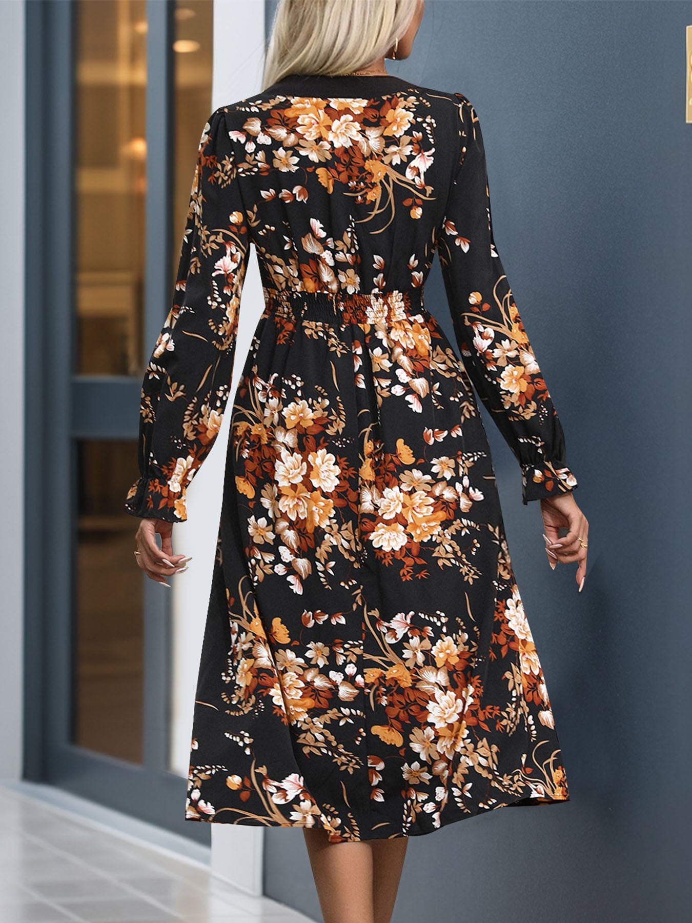 Printed Notched Long Sleeve Midi Dress by Hundreth