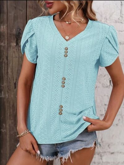 Eyelet V-Neck Petal Short Sleeve Blouse by Trendsi