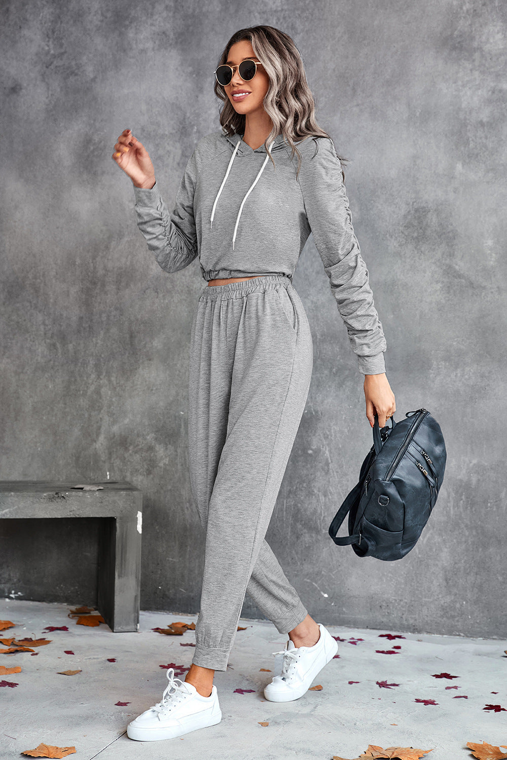 Ruched Raglan Sleeve Hoodie and Joggers Set by Trendsi