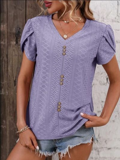 Eyelet V-Neck Petal Short Sleeve Blouse by Trendsi
