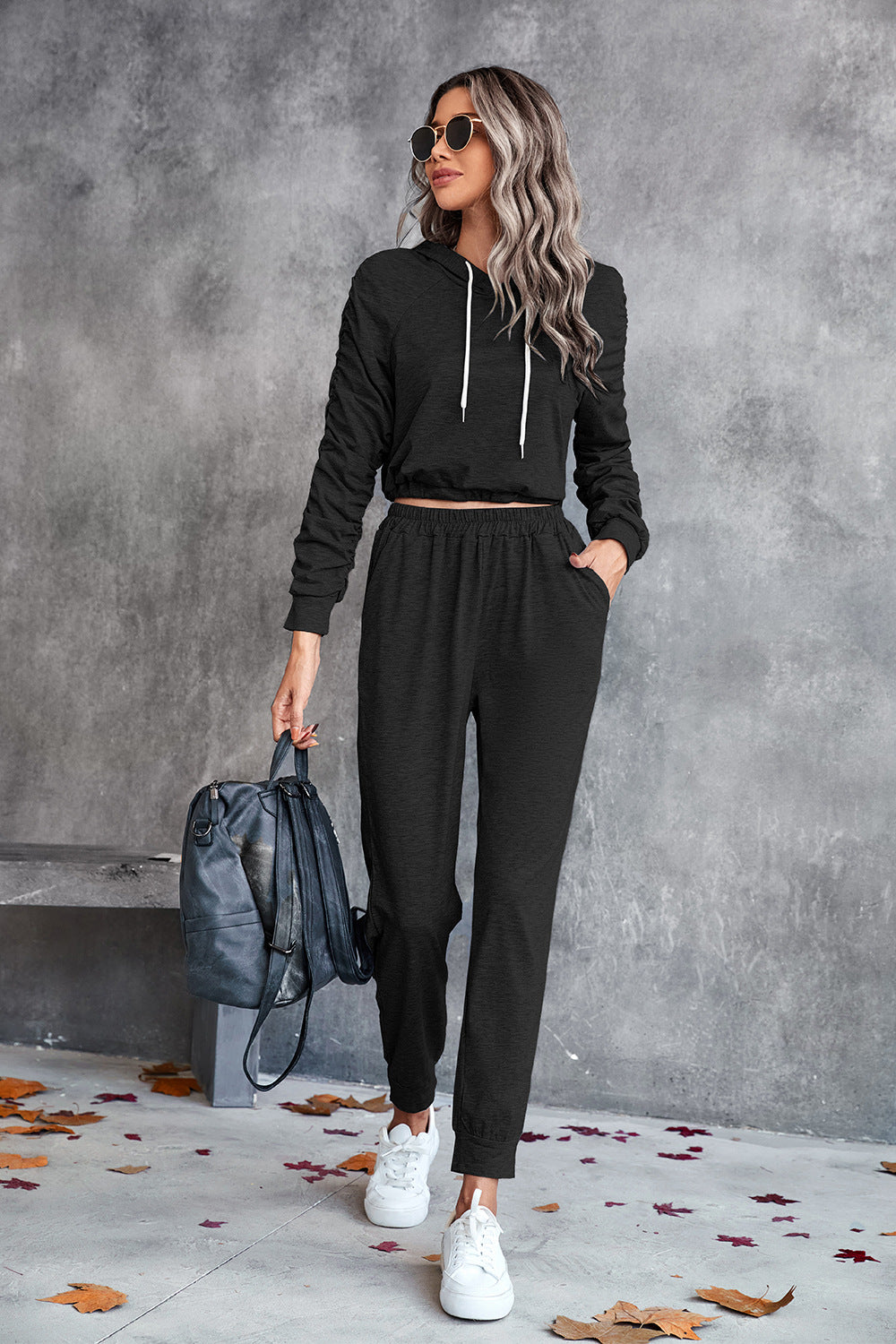 Ruched Raglan Sleeve Hoodie and Joggers Set by Trendsi