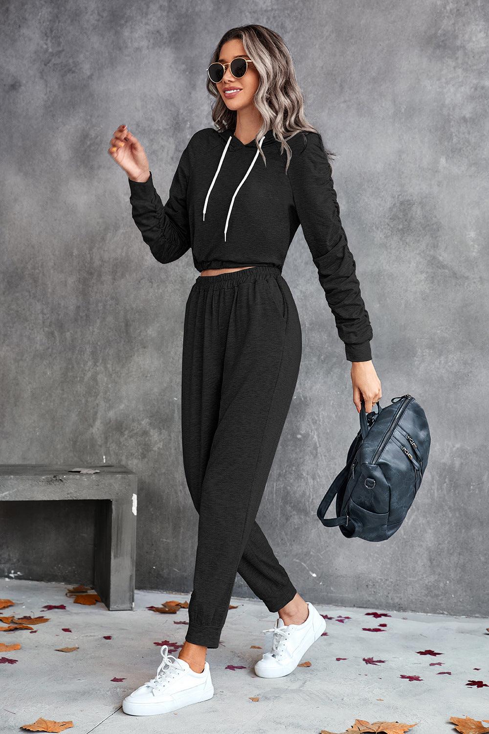 Ruched Raglan Sleeve Hoodie and Joggers Set by Trendsi