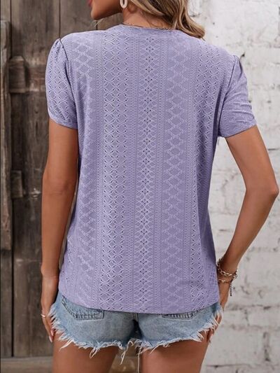 Eyelet V-Neck Petal Short Sleeve Blouse by Trendsi