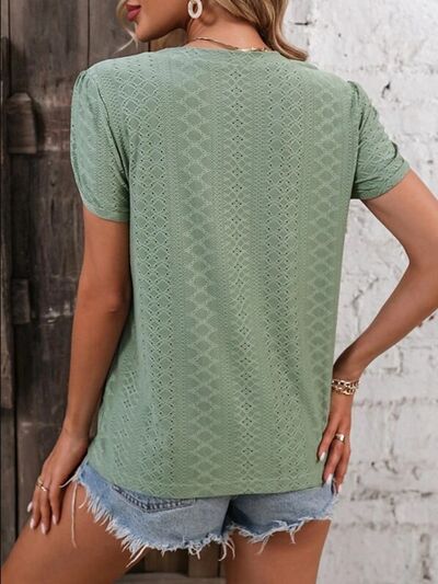 Eyelet V-Neck Petal Short Sleeve Blouse by Trendsi