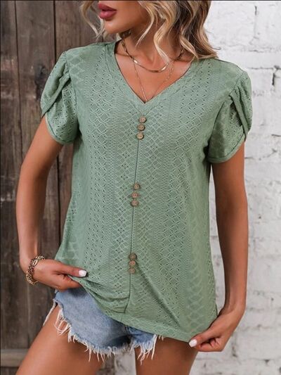 Eyelet V-Neck Petal Short Sleeve Blouse by Trendsi