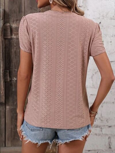 Eyelet V-Neck Petal Short Sleeve Blouse by Trendsi