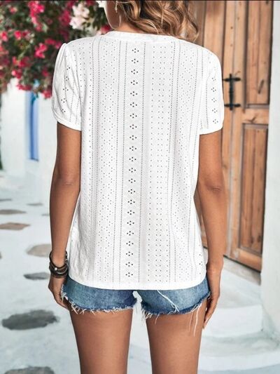 Eyelet V-Neck Petal Short Sleeve Blouse by Trendsi