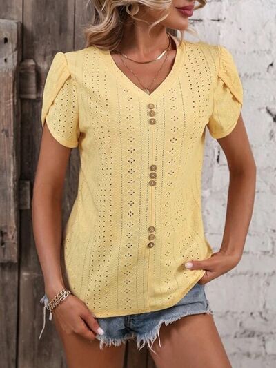 Eyelet V-Neck Petal Short Sleeve Blouse by Trendsi