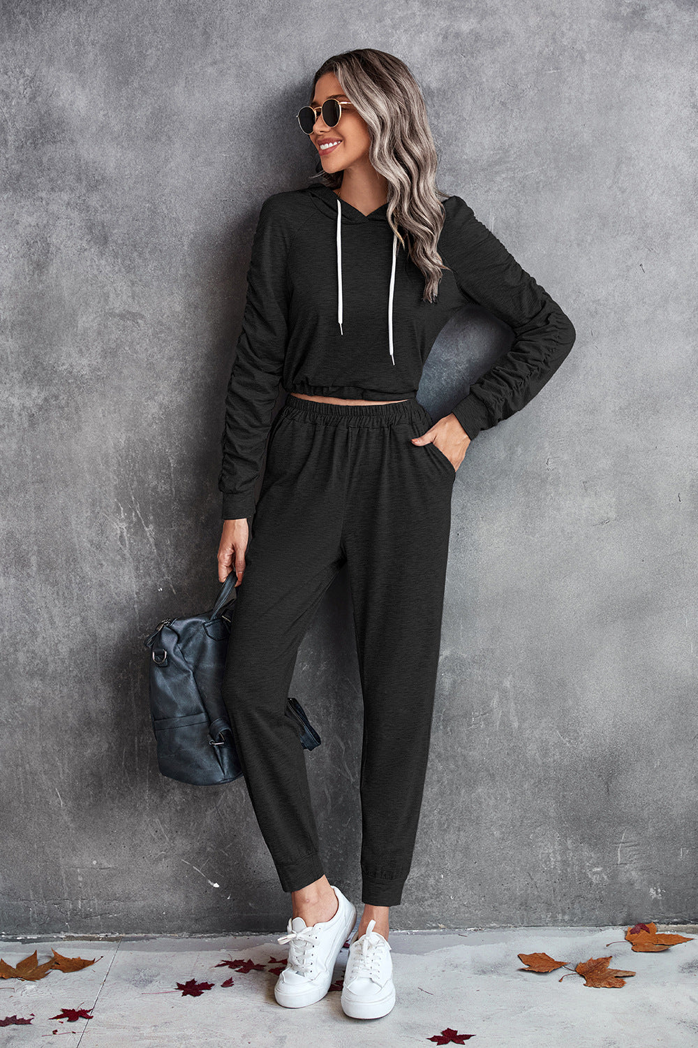 Ruched Raglan Sleeve Hoodie and Joggers Set by Trendsi