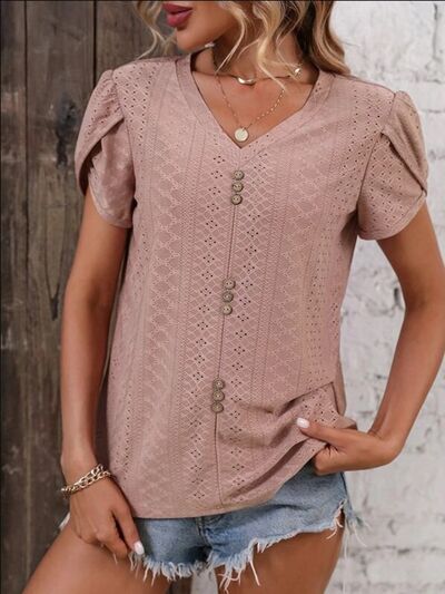 Eyelet V-Neck Petal Short Sleeve Blouse by Trendsi