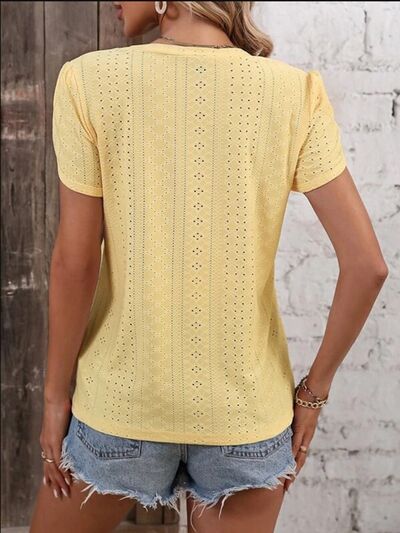 Eyelet V-Neck Petal Short Sleeve Blouse by Trendsi