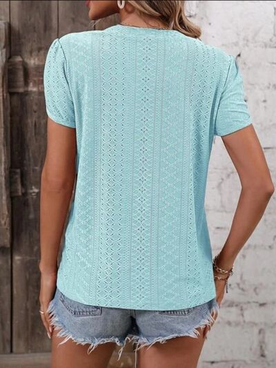 Eyelet V-Neck Petal Short Sleeve Blouse by Trendsi