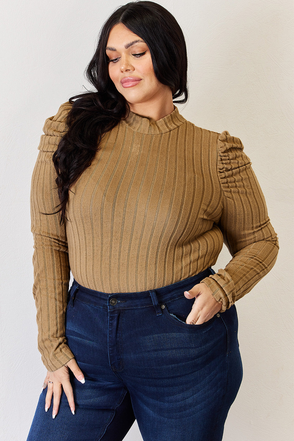 Ribbed Mock Neck Puff Sleeve by Basic Bae