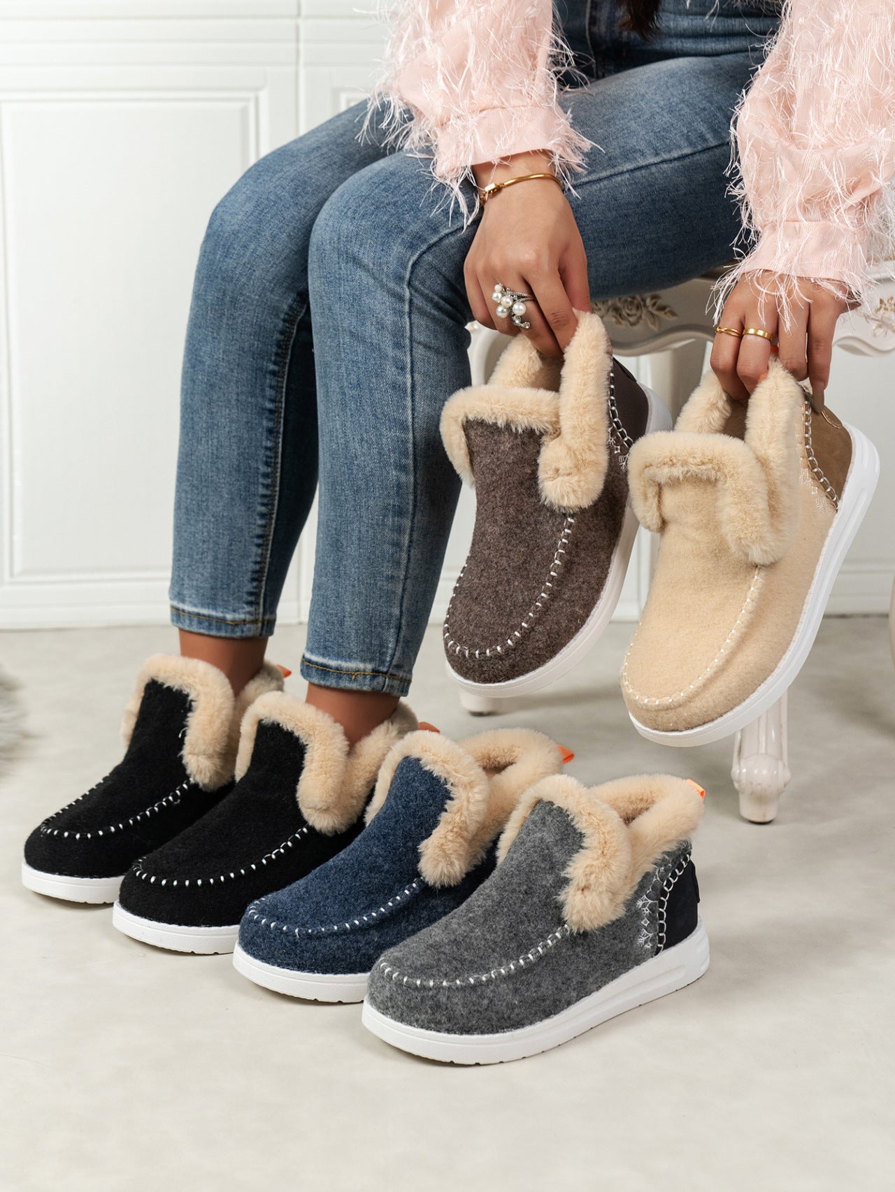 Furry Suede Round Toe Flat Sneakers by Trendsi