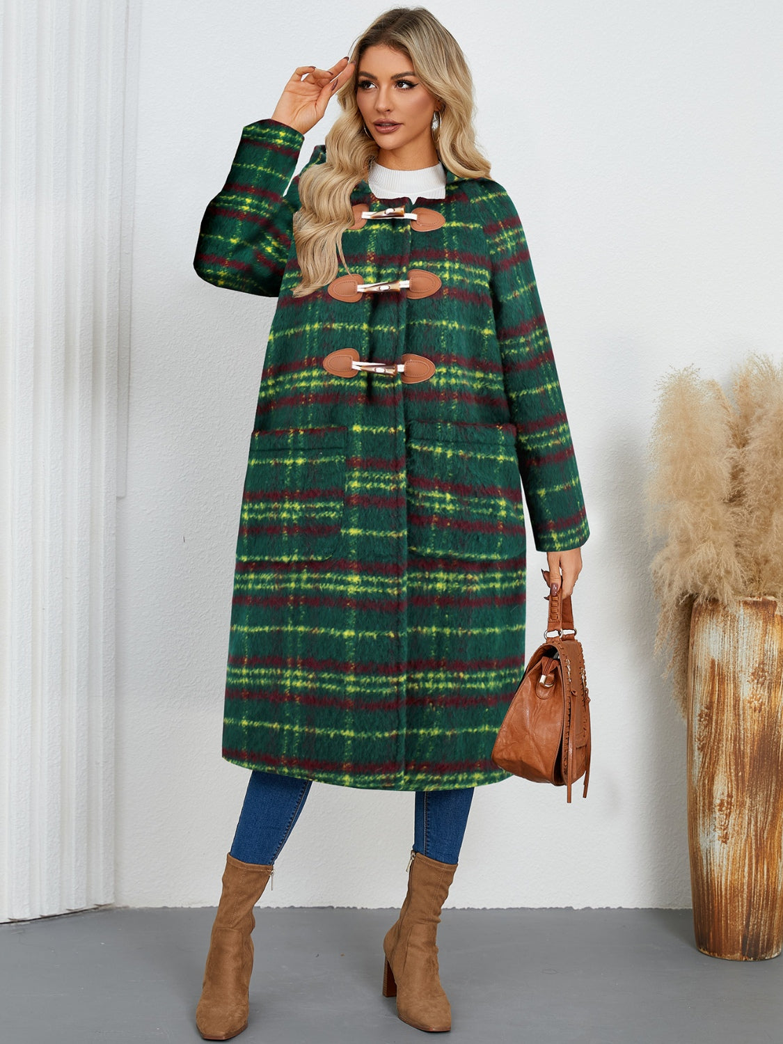 Plaid Long Sleeve Hooded Coat with Pockets by Trendsi