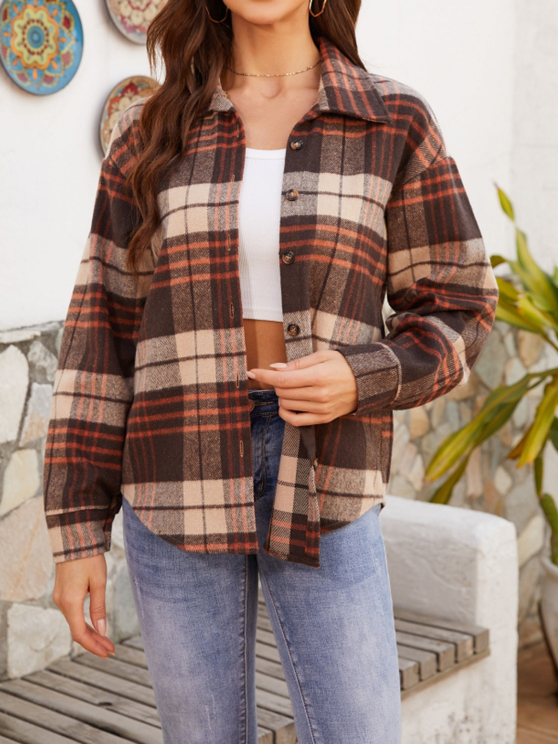 Plaid Button Up Long Sleeve Jacket by Putica