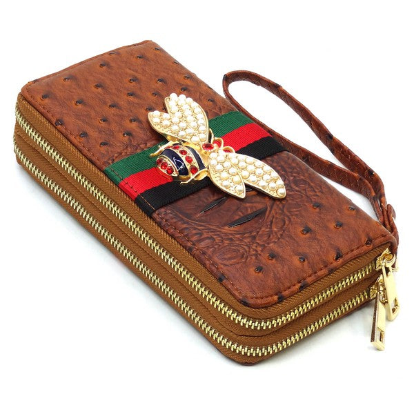 Queen Bee Stripe Ostrich Double Zip Around Wallet by Fashion World