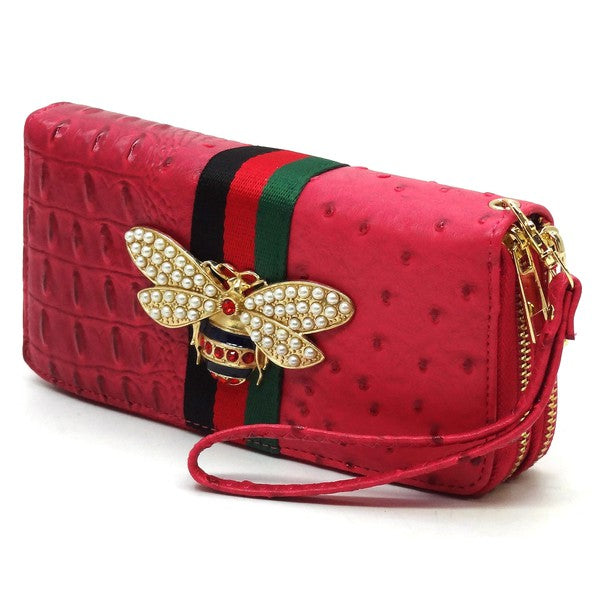 Queen Bee Stripe Ostrich Double Zip Around Wallet by Fashion World