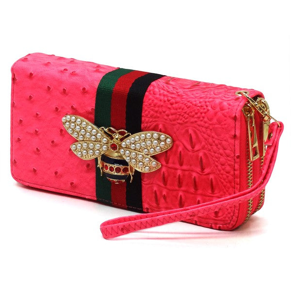 Queen Bee Stripe Ostrich Double Zip Around Wallet by Fashion World