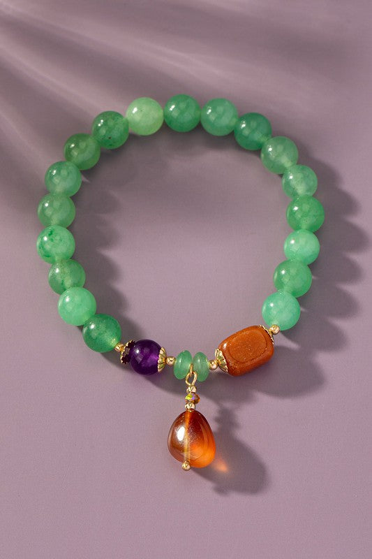 Stretch Green Agate Bracelet Red Charm Drop by LA3Accessories