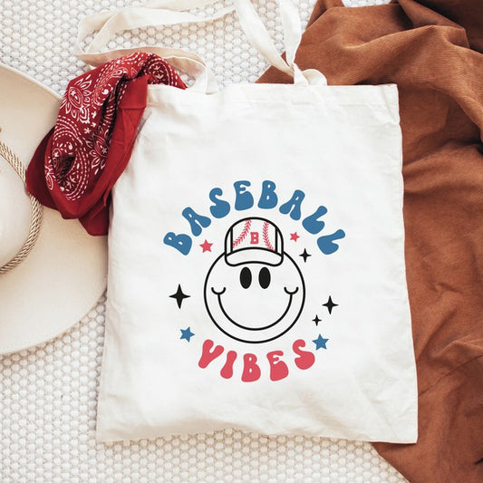 Smiley Face Baseball Vibes Canvas Tote by City Creek Prints