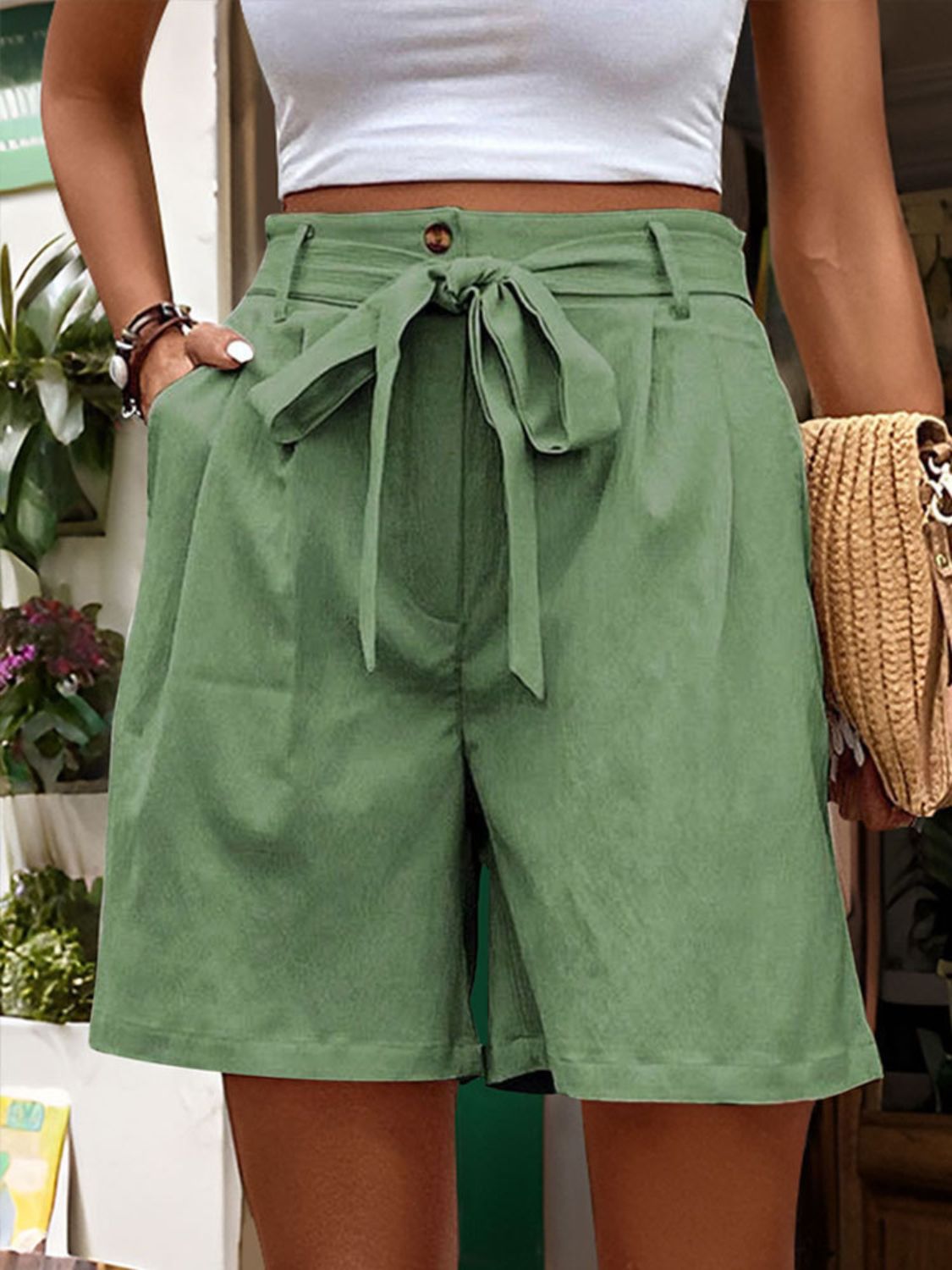 Tied High Waist Shorts with Pockets by Trendsi