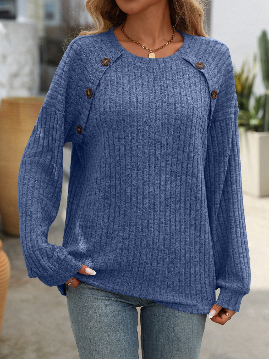 Decor Button Long Sleeve Ribbed T-Shirt by Mandy