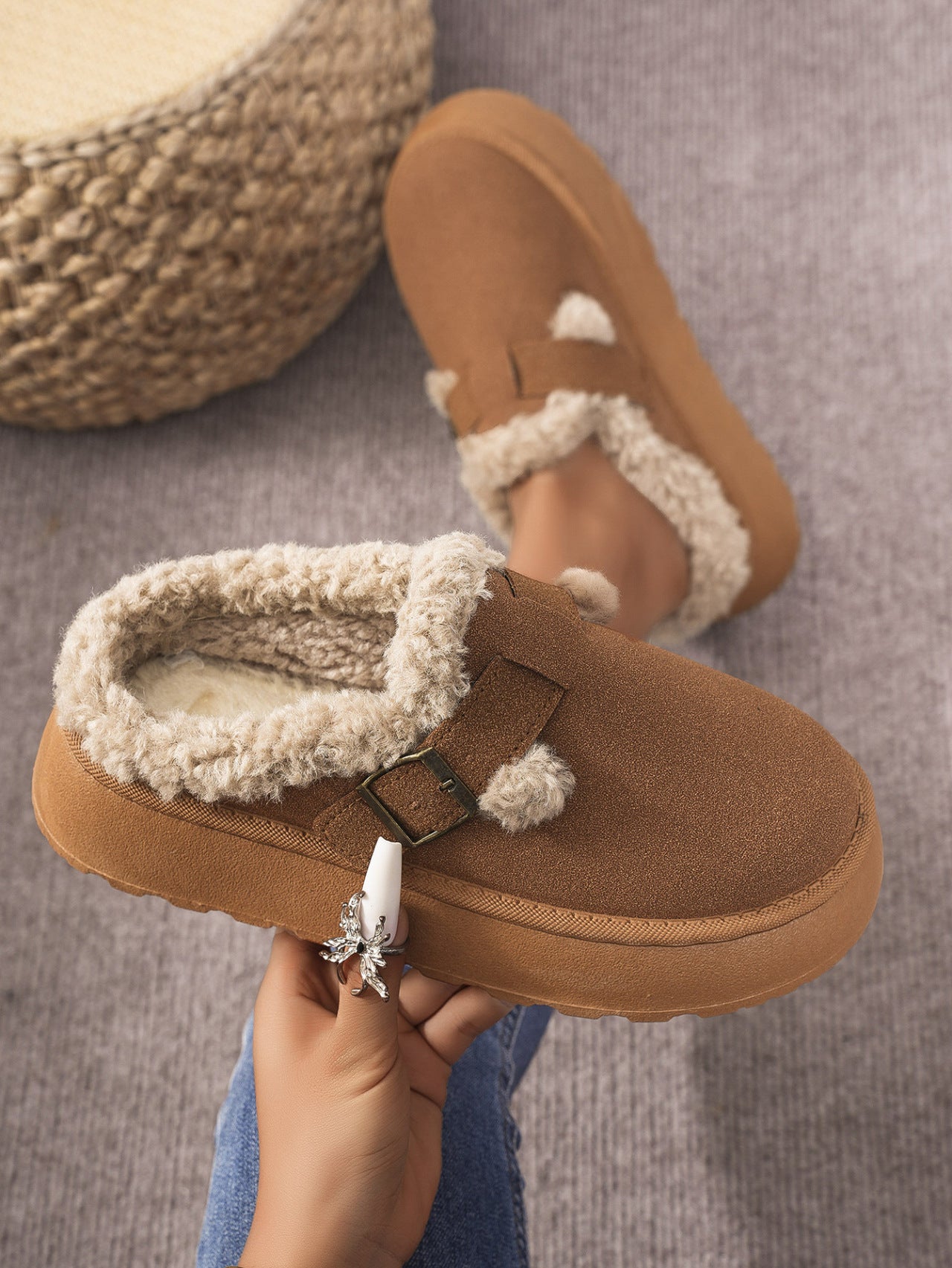 Thermal Fuzzy Buckle Platform Slippers by Trendsi