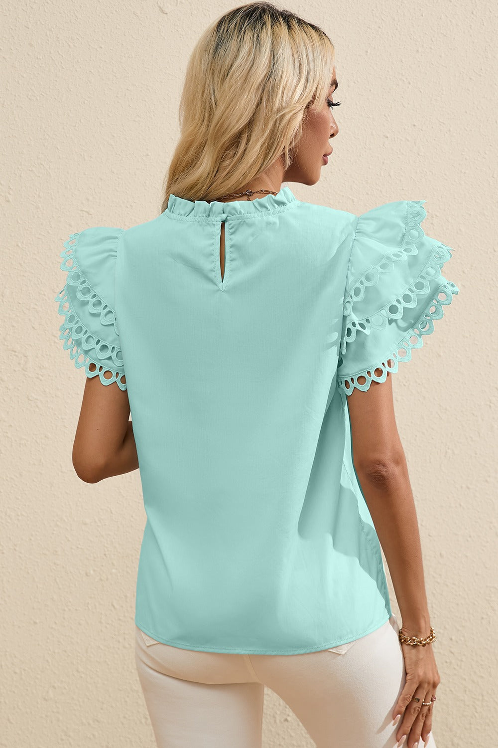 Ruffled Eyelet Round Neck Cap Sleeve Blouse by SYNZ