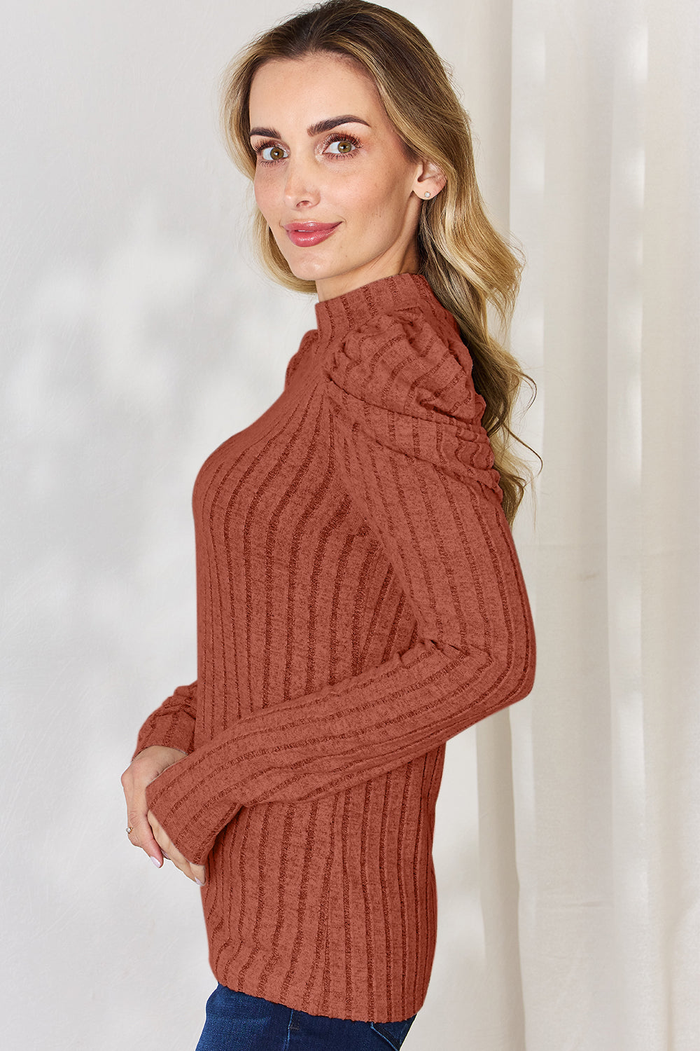 Ribbed Mock Neck Puff Sleeve by Basic Bae