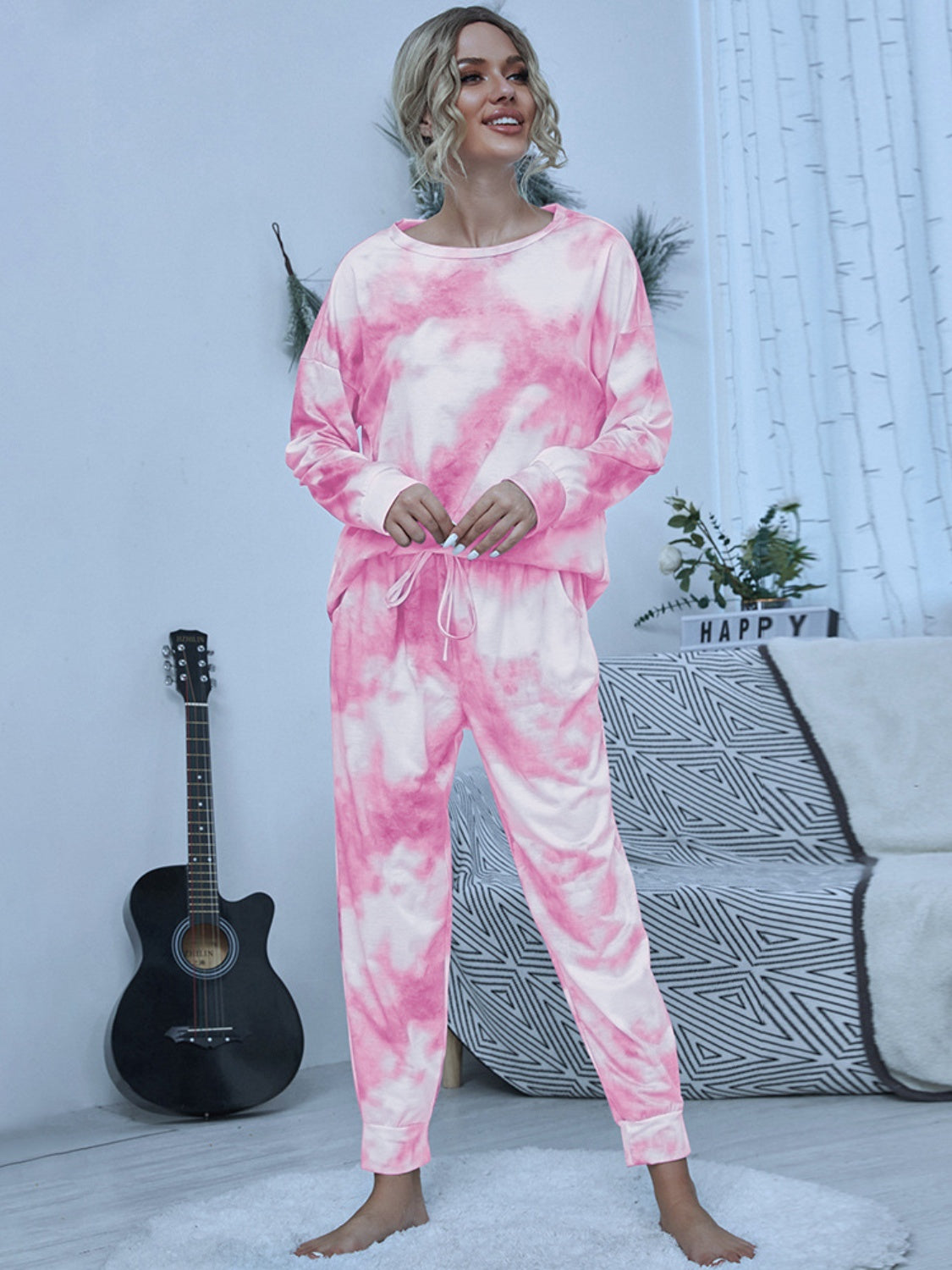 Tie-Dye Round Neck Top and Pants Lounge Set by Romantichut