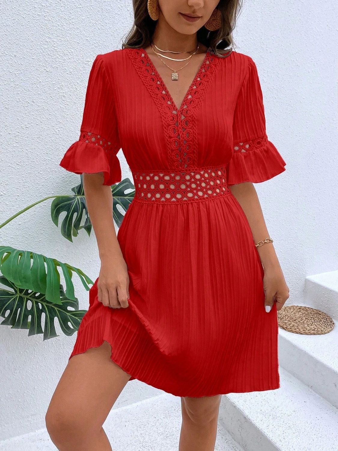 Cutout V-Neck Flounce Sleeve Mini Dress by Trendsi