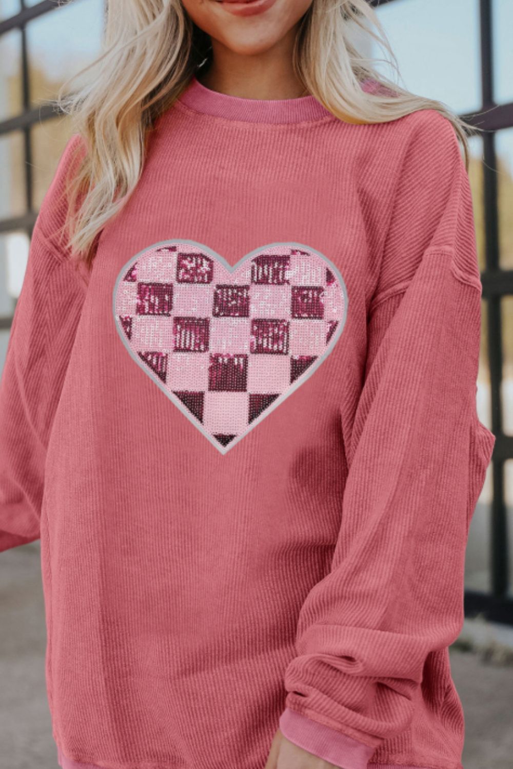 Sequin Checkered Heart Long Sleeve Sweatshirt by SYNZ