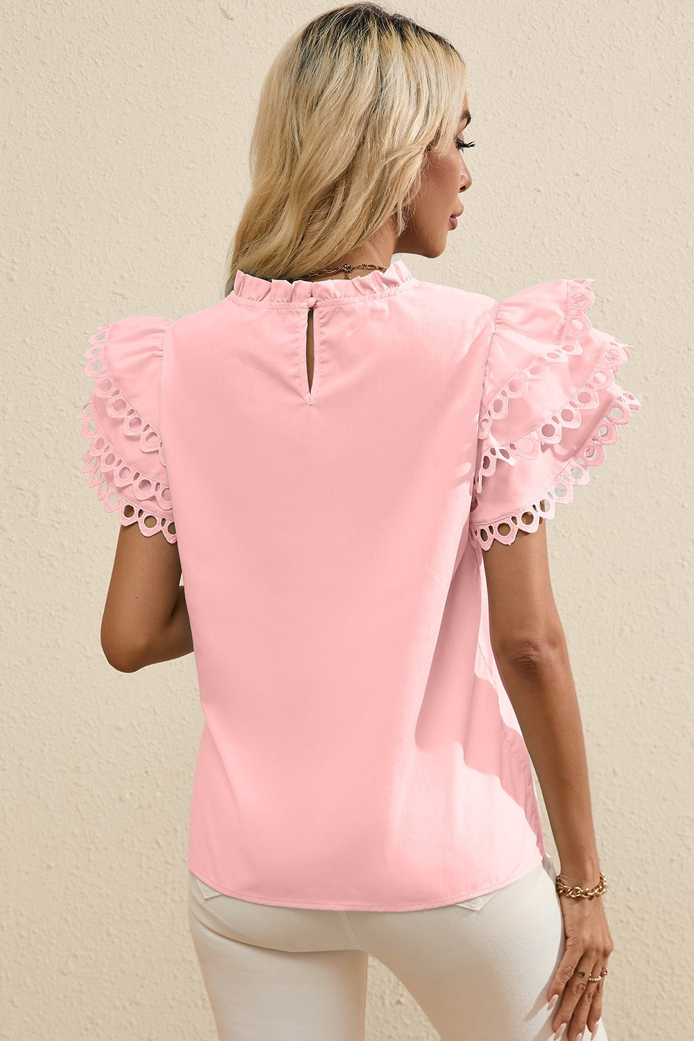 Ruffled Eyelet Round Neck Cap Sleeve Blouse by SYNZ