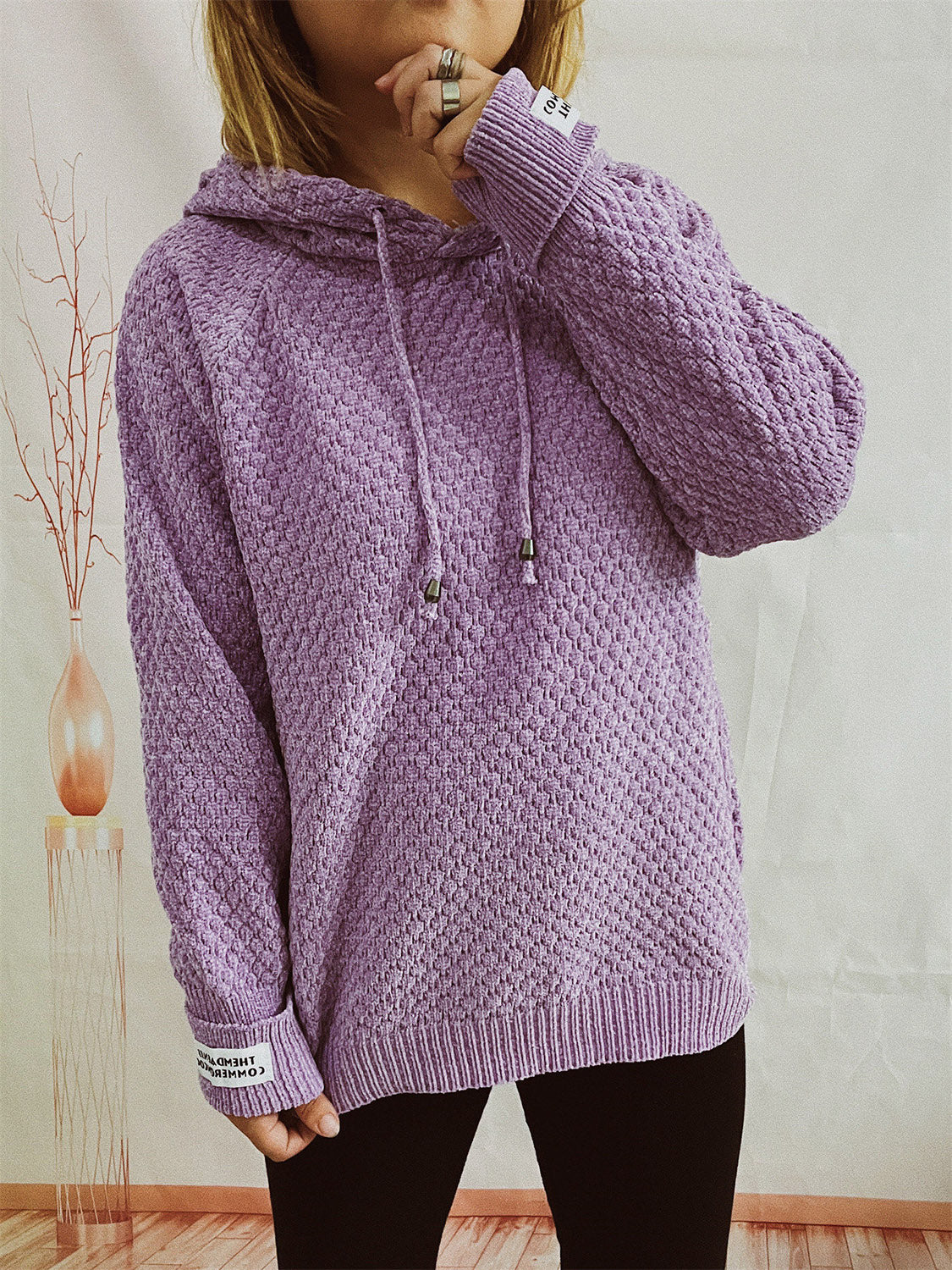 Drawstring Long Sleeve  Hooded Sweater by S.X.