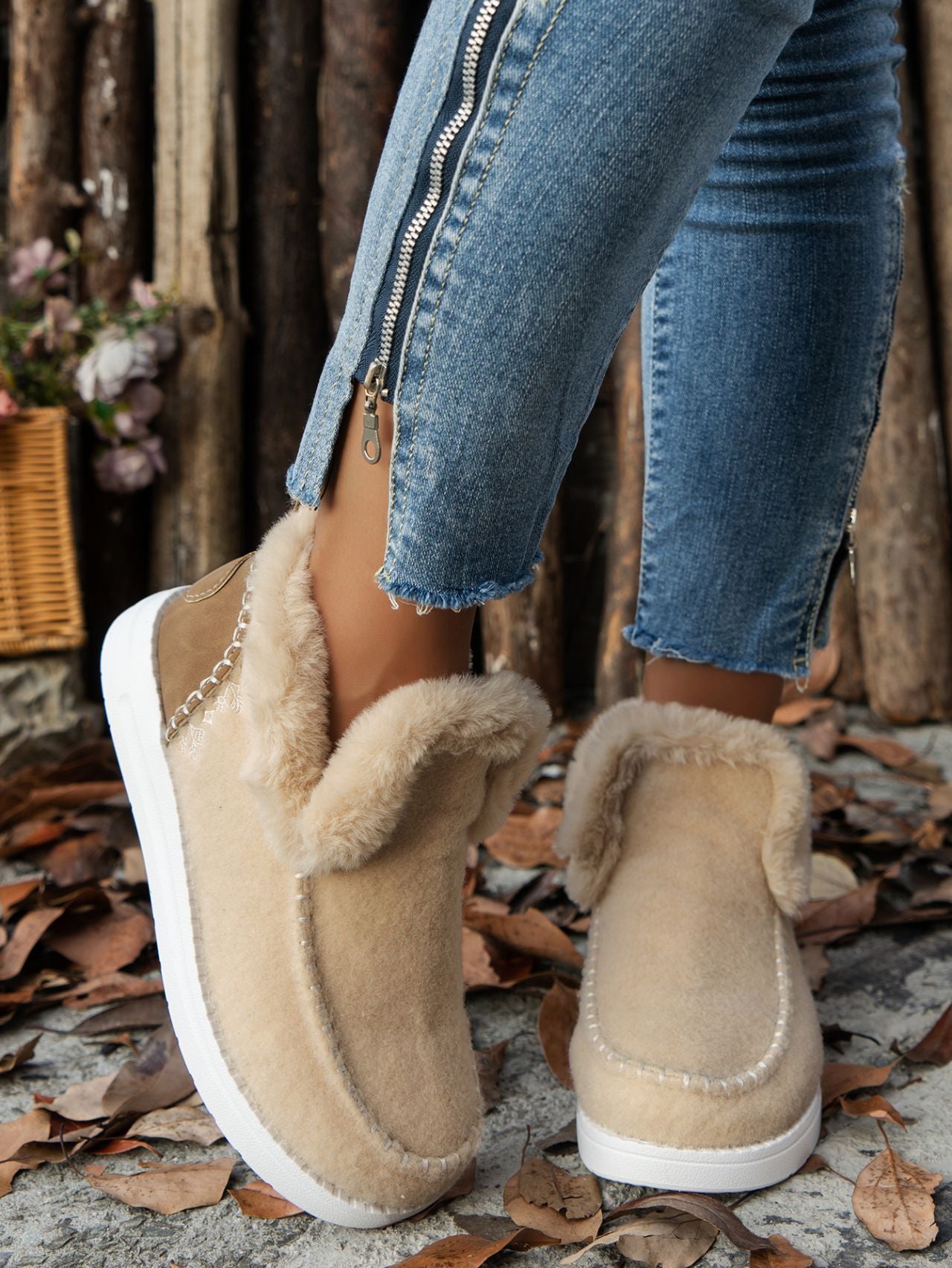 Furry Suede Round Toe Flat Sneakers by Trendsi