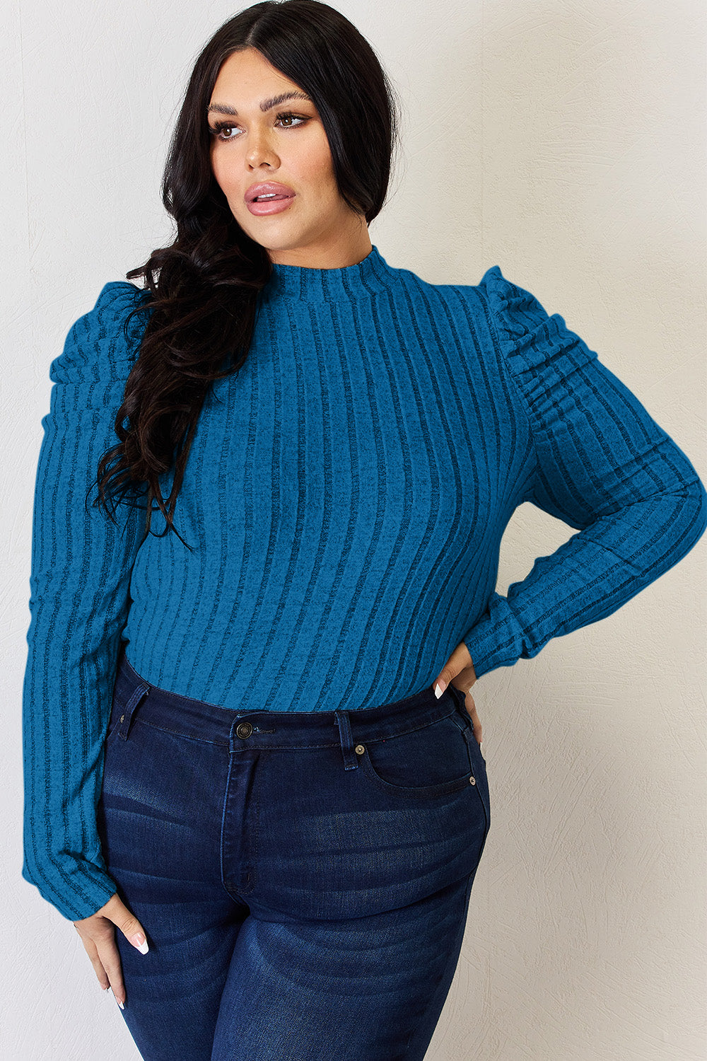 Ribbed Mock Neck Puff Sleeve by Basic Bae