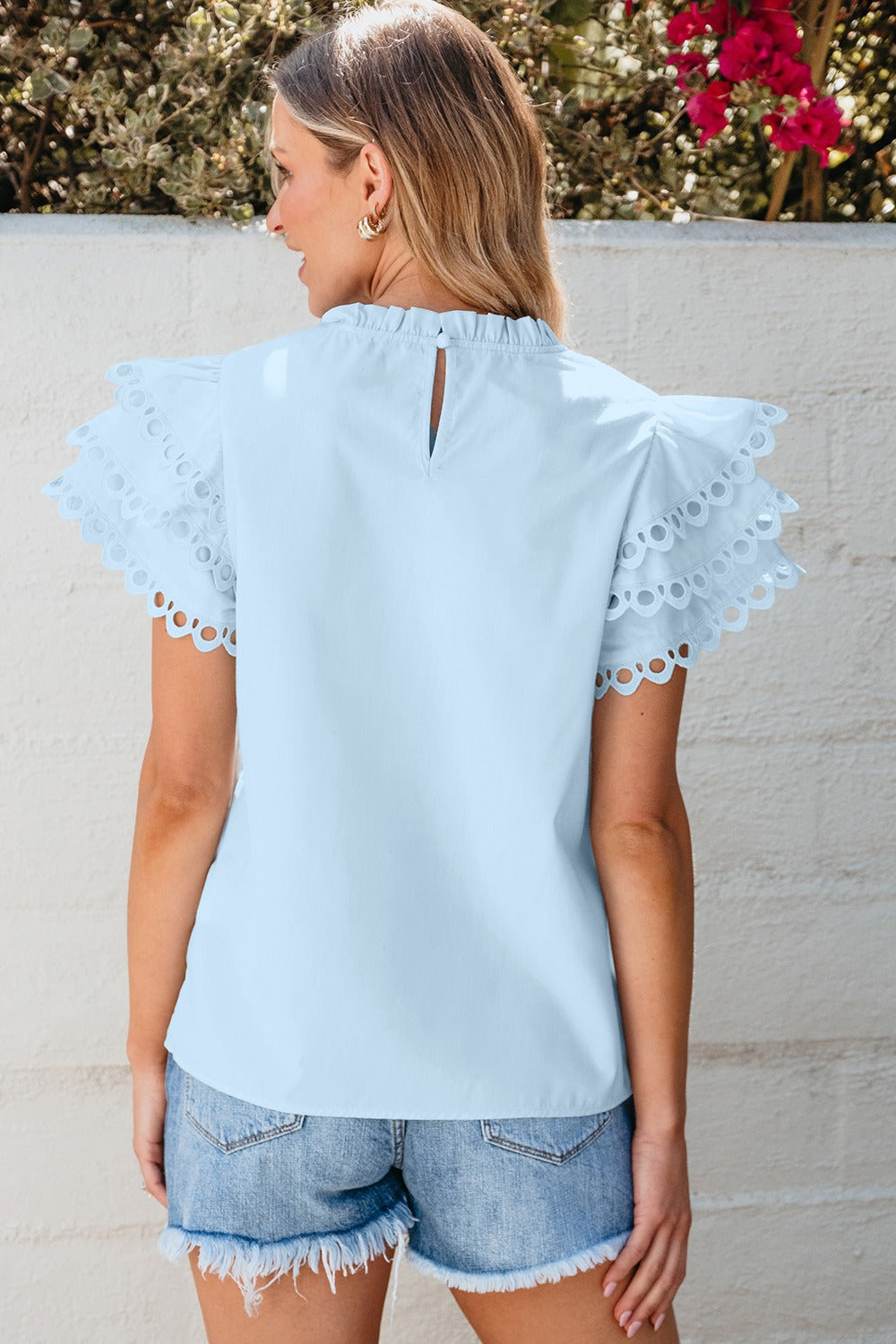 Ruffled Eyelet Round Neck Cap Sleeve Blouse by SYNZ