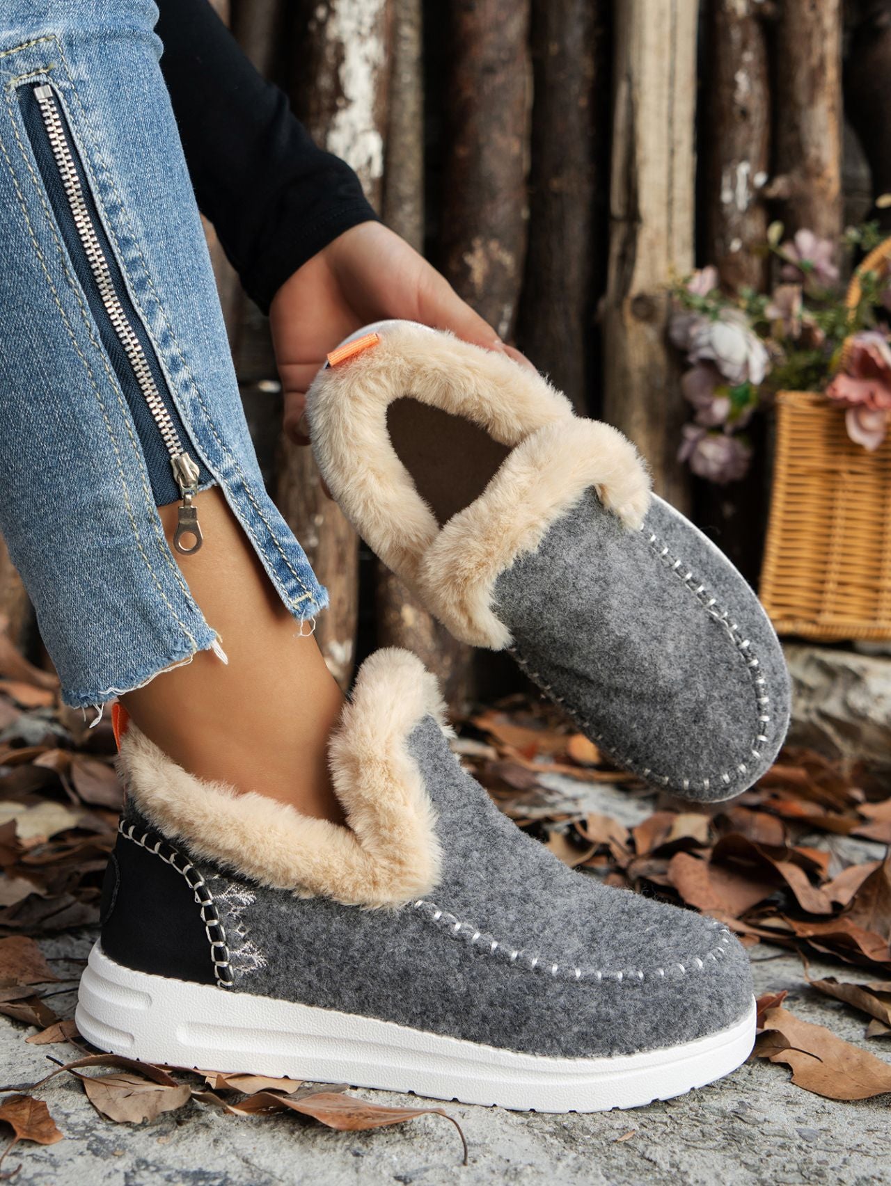 Furry Suede Round Toe Flat Sneakers by Trendsi