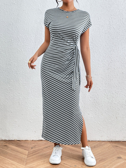 Tied Striped Round Neck Short Sleeve Tee Dress by Hanny