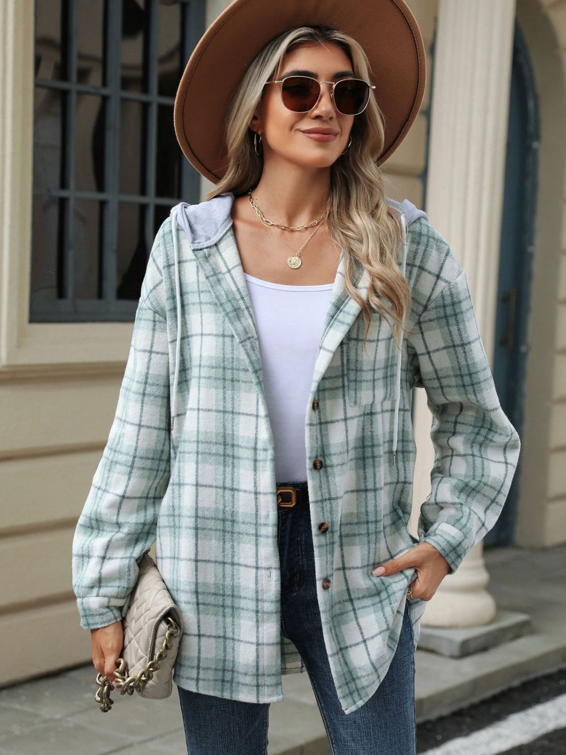 Drawstring Plaid Button Up Hooded Jacket by H & L