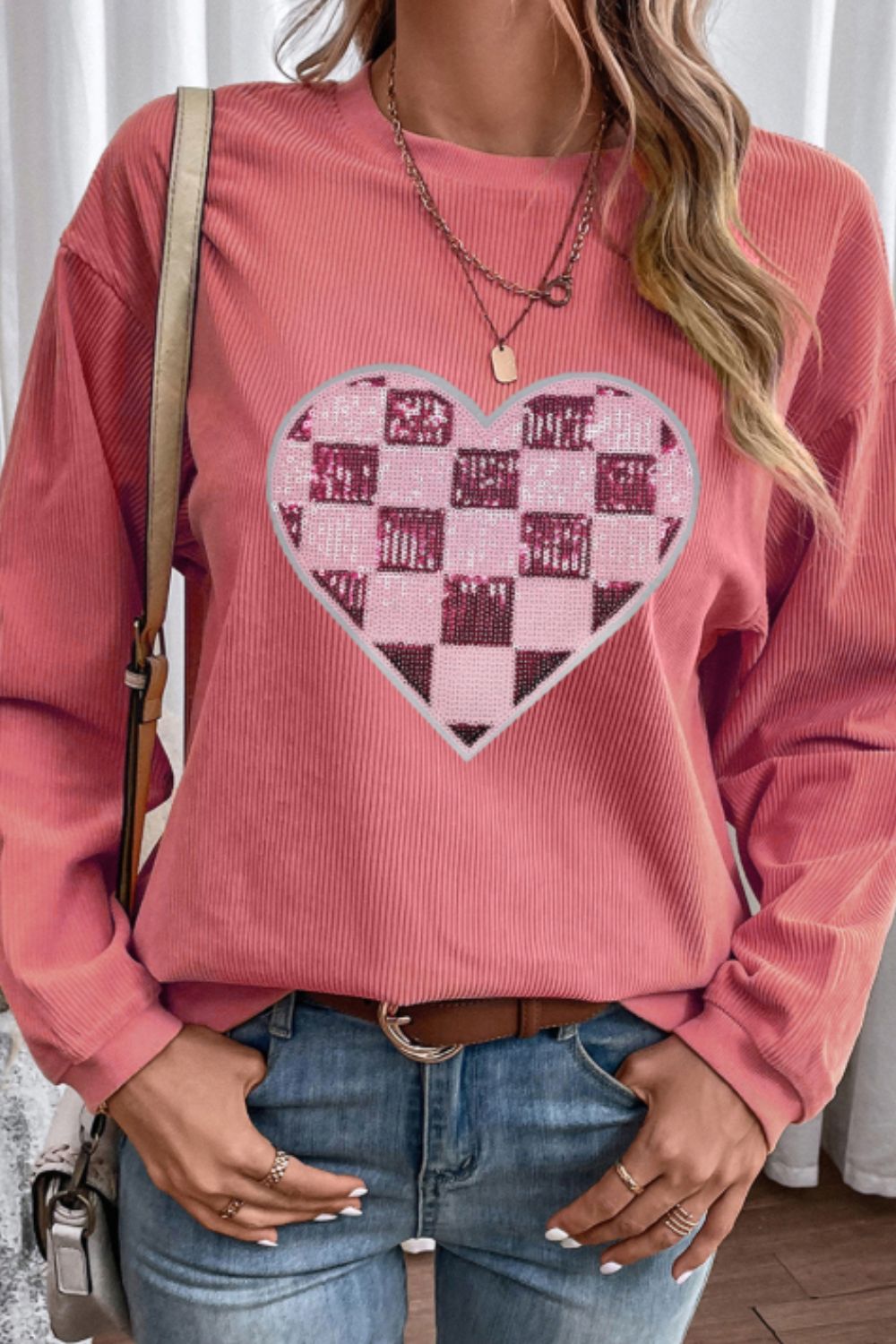 Sequin Checkered Heart Long Sleeve Sweatshirt by SYNZ