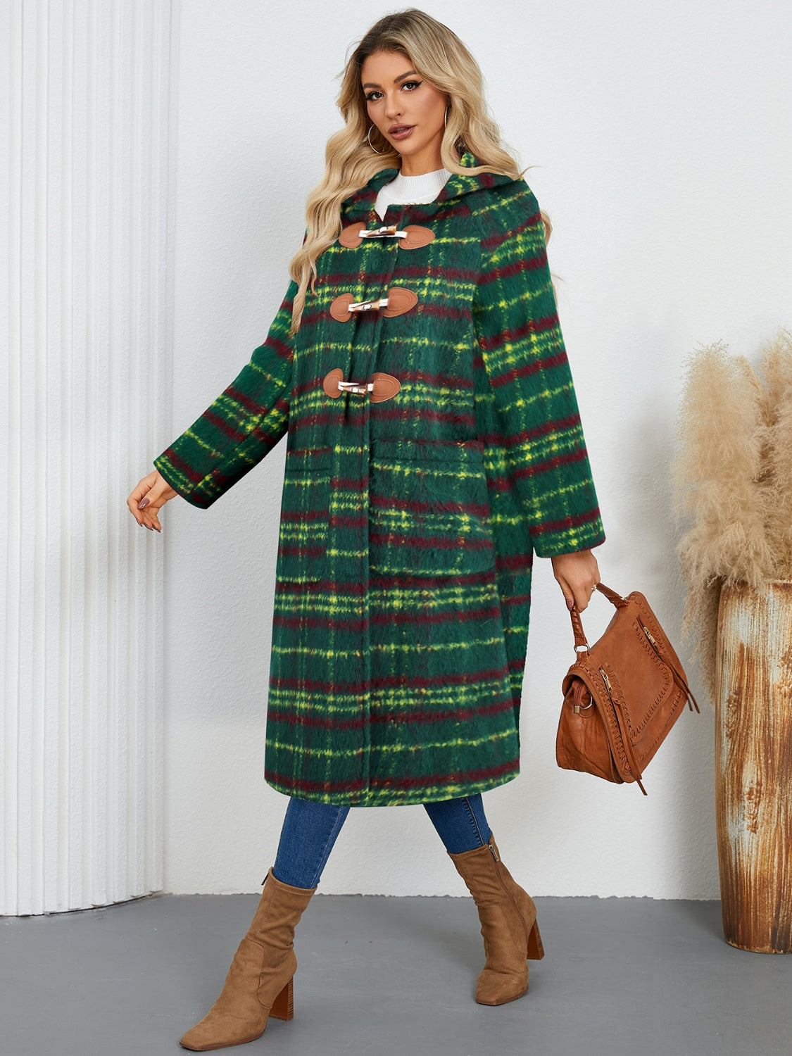 Plaid Long Sleeve Hooded Coat with Pockets by Trendsi