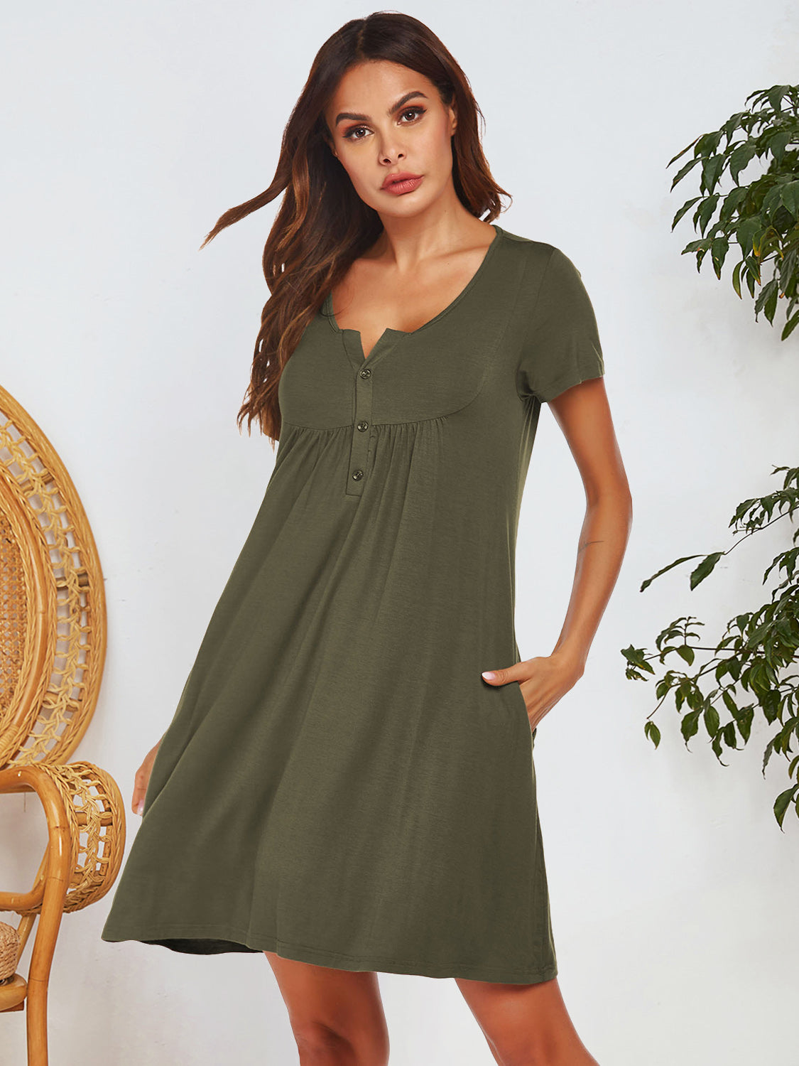 Notched Short Sleeve Mini Lounge Dress by DEW