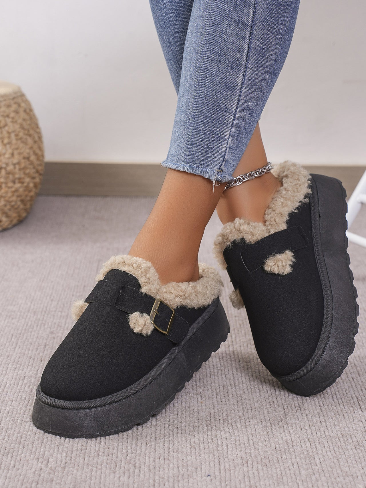 Thermal Fuzzy Buckle Platform Slippers by Trendsi