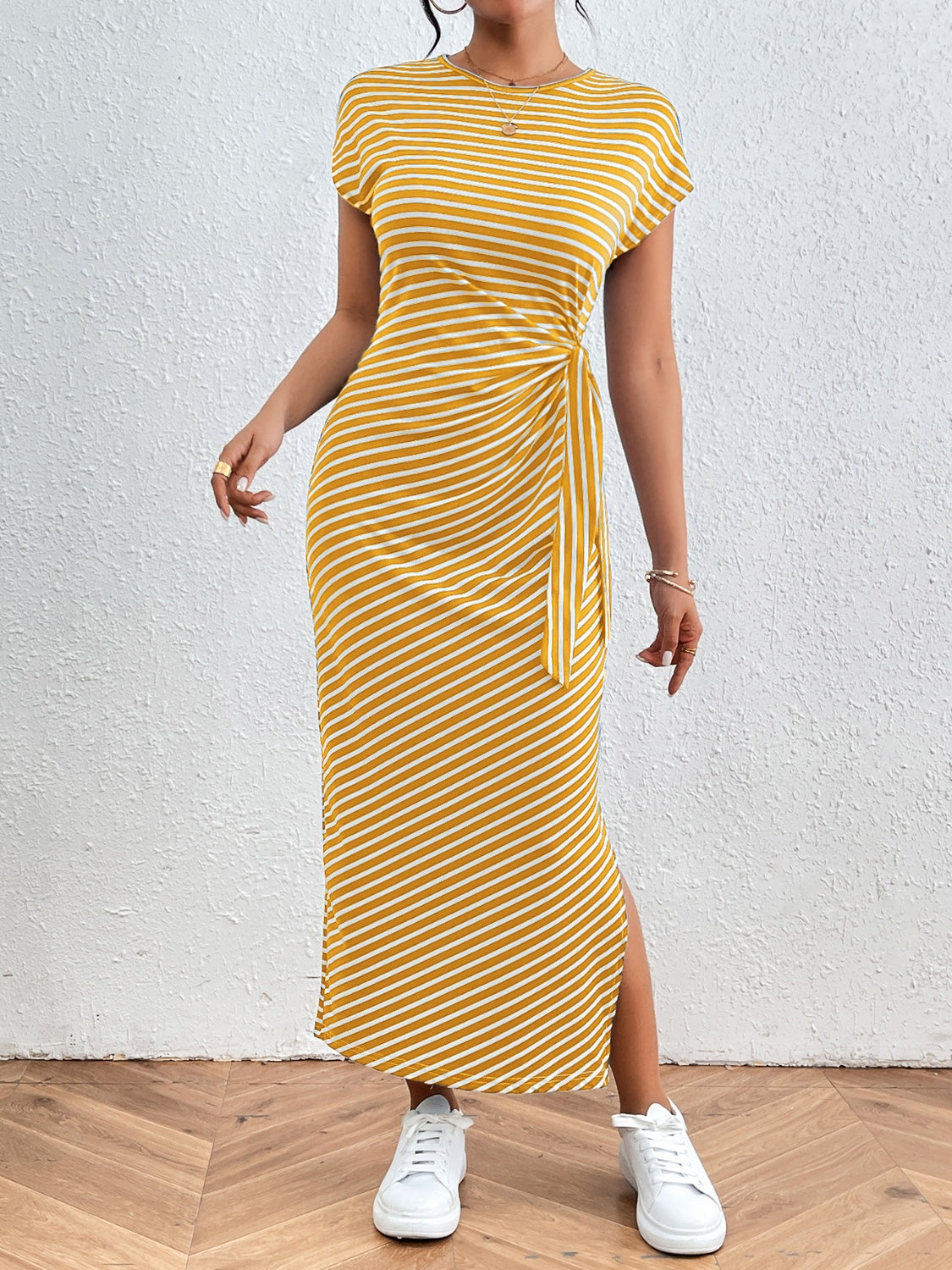 Tied Striped Round Neck Short Sleeve Tee Dress by Hanny