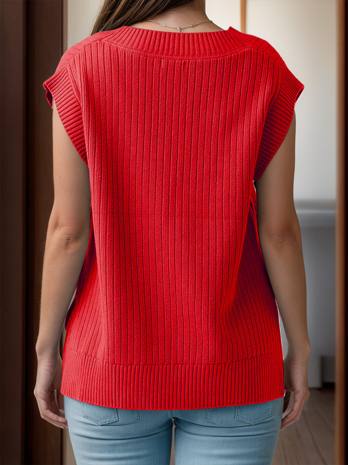 V-Neck Cap Sleeve Knit Vest by Trendsi